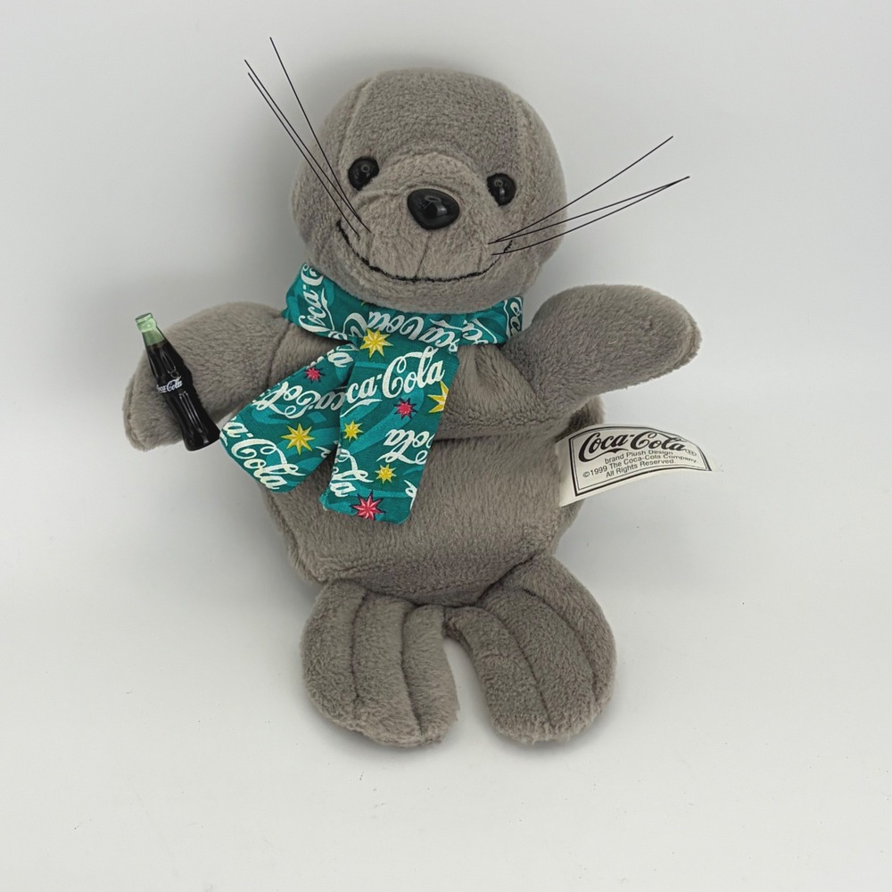 Vintage 1999 Coca-Cola Plush Seal with Scarf‎ and Mini Bottle 8.5 Inch Gray